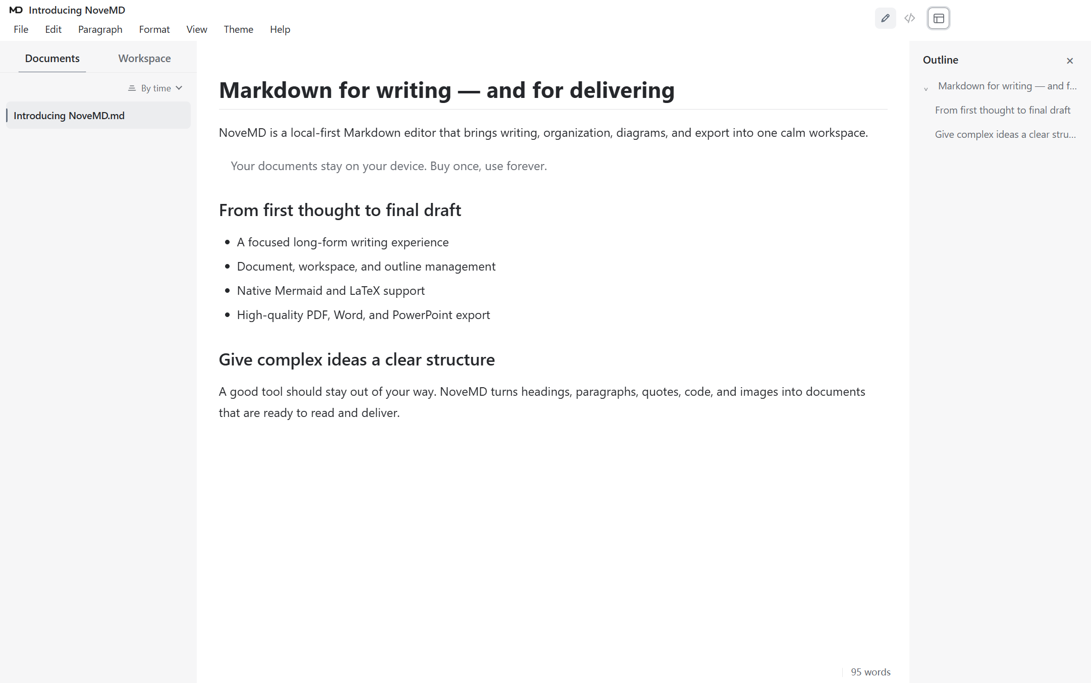 NoveMD with Documents, Workspace, and Outline visible