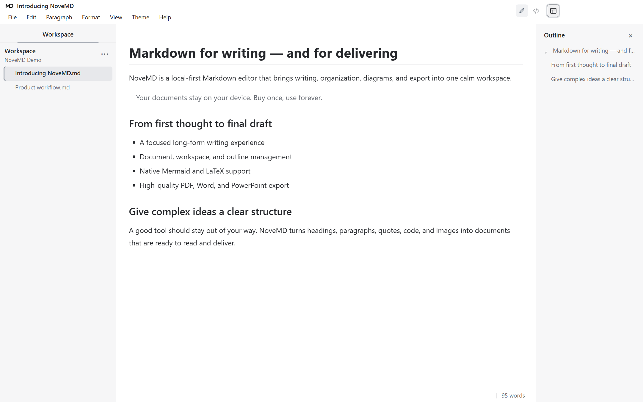NoveMD with the Documents panel hidden while Workspace and Outline remain visible