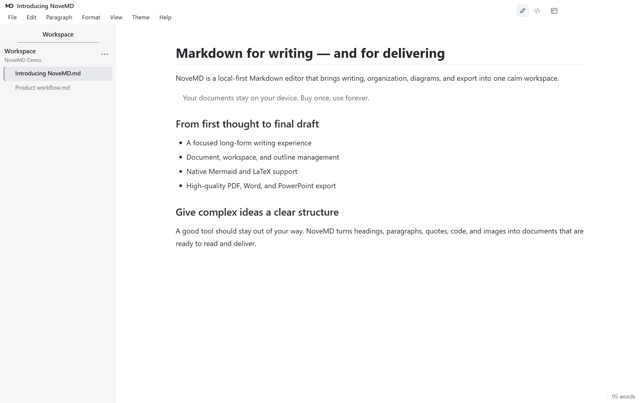The complete NoveMD interface in its pure white theme